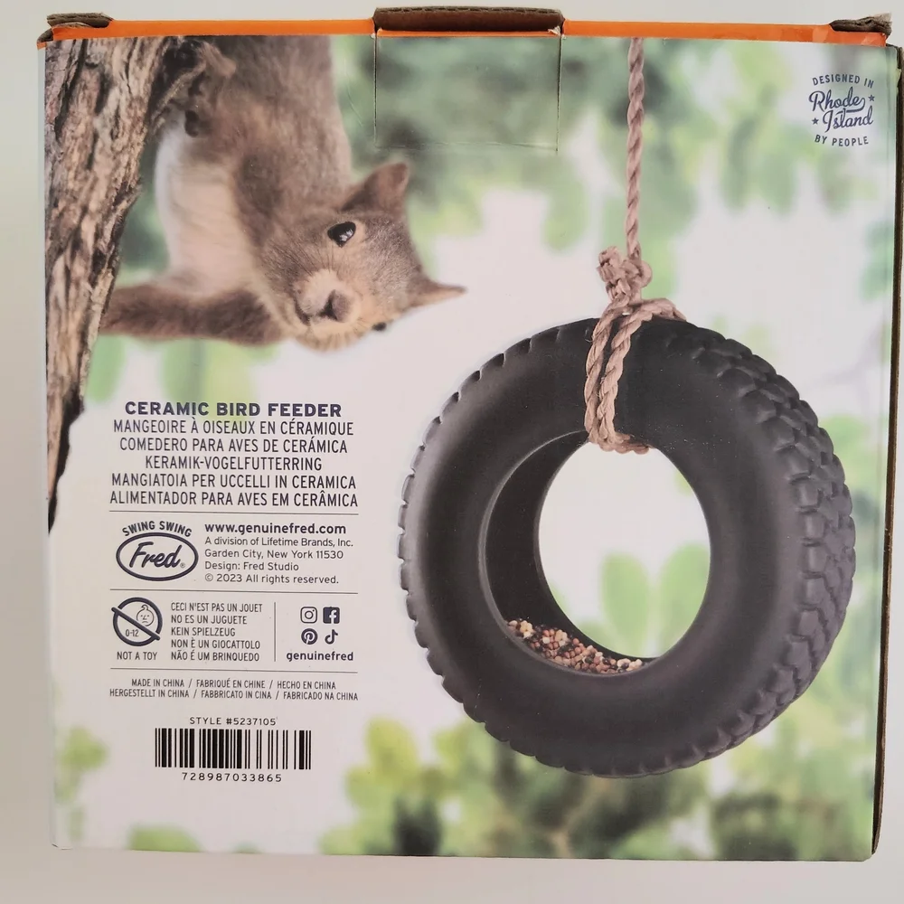 Fred Ceramic Bird Feeder with Black Tire Design - Picture 2 of 2